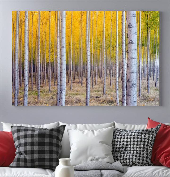 Impresión artística de pared con bosque de abedules en otoño