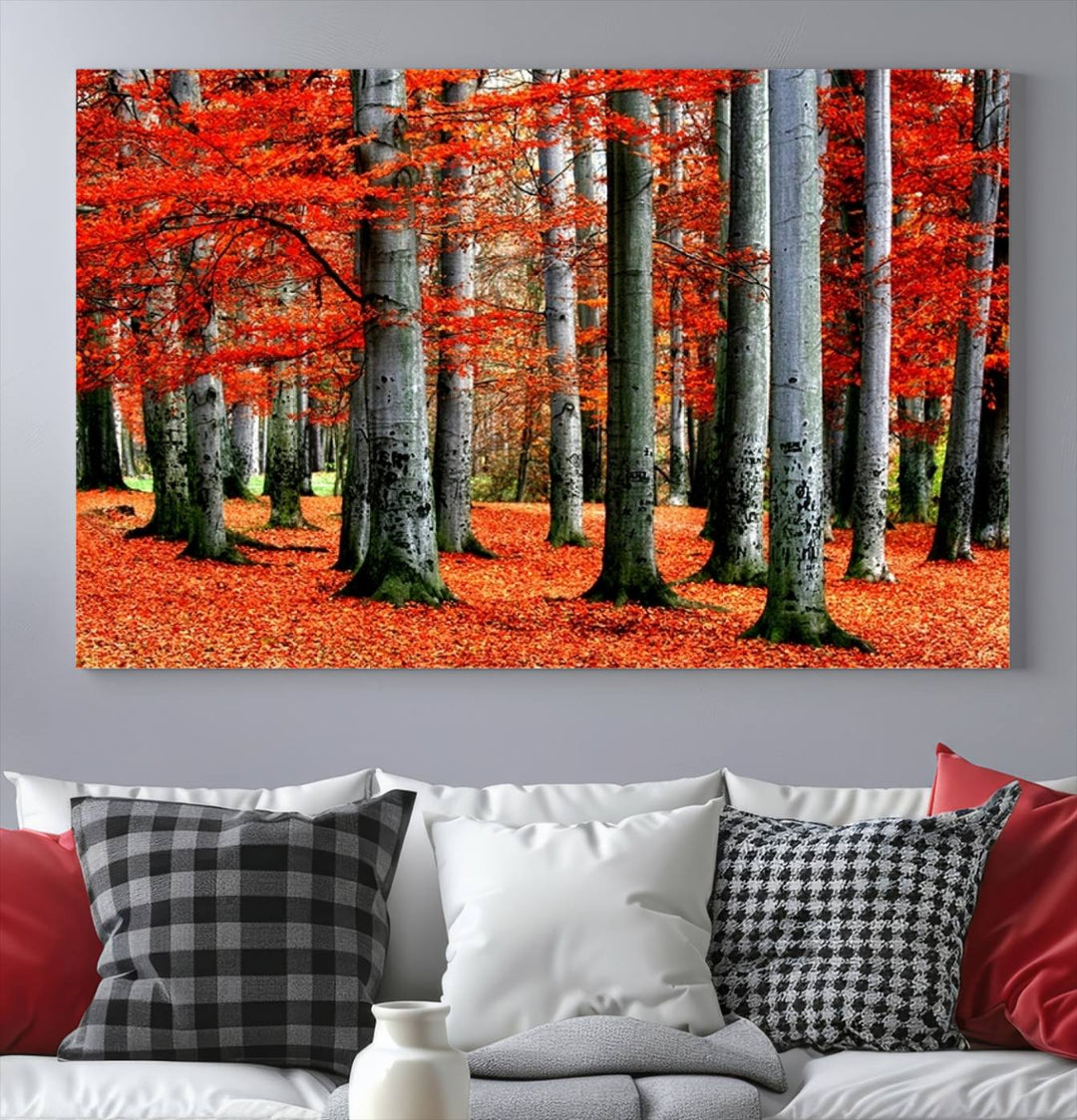 Impression sur toile de paysage d'art mural, feuilles rouges sur des arbres sur fond rouge