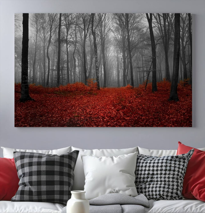 Impression sur toile de paysage d'art mural, forêt merveilleuse avec des feuilles rouges au sol