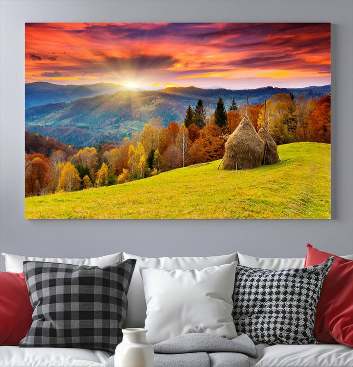 Impression sur toile de paysage d'art mural, tous les tons de vert au coucher du soleil