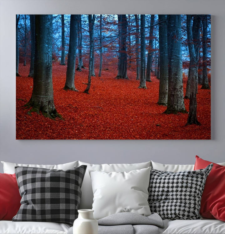 Impression sur toile de paysage d'art mural, feuilles rouges dans la forêt bleue