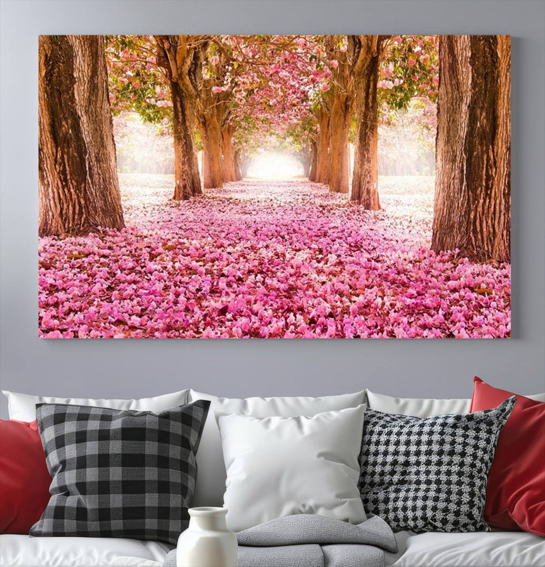 Tableau sur toile Blossom Cherry Marchant sur des fleurs roses entre les arbres