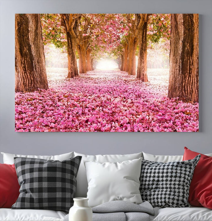 Blossom Cherry Canvas Print Walking on Pink Flowers Between Trees