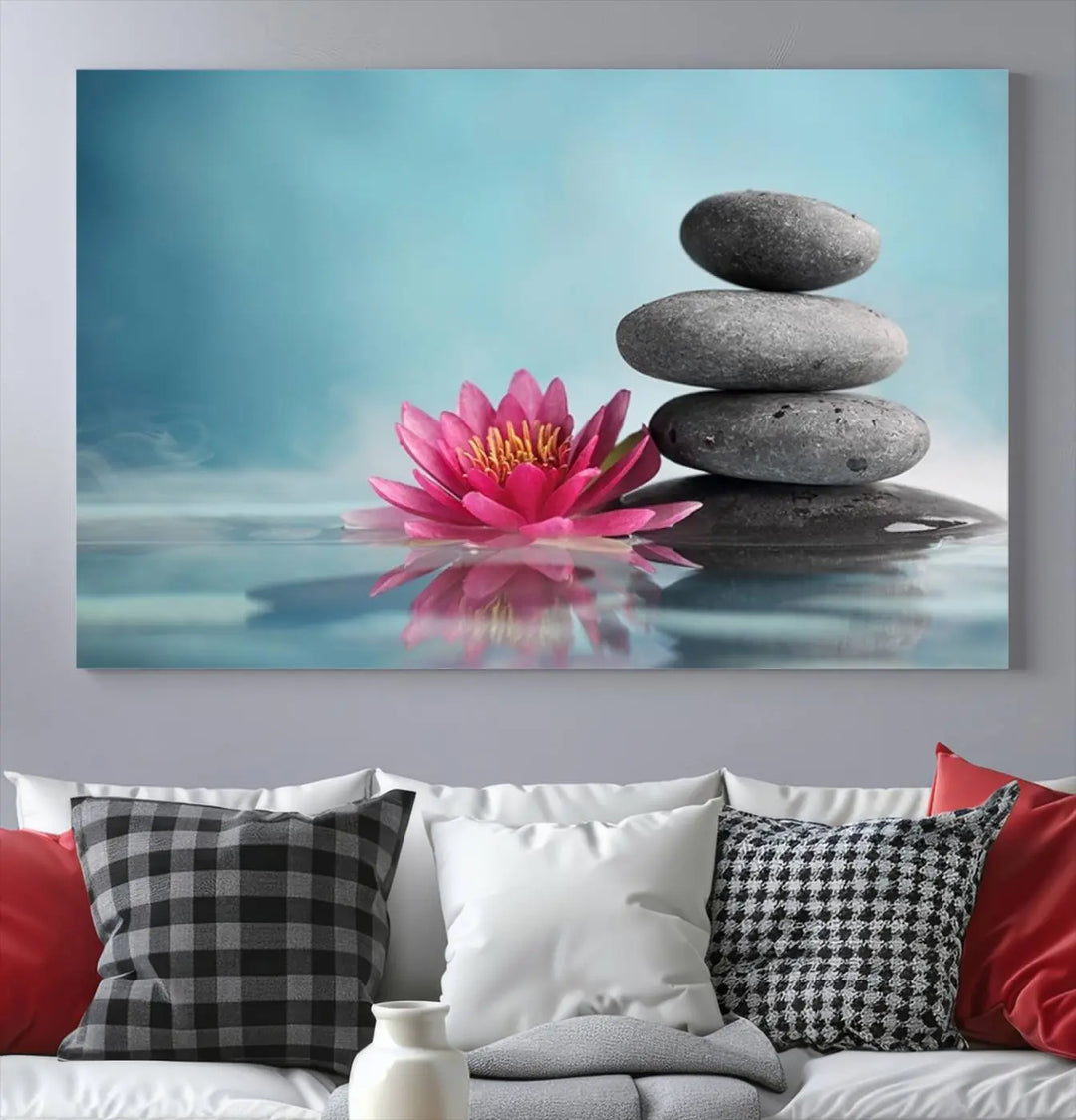 The Zen Serenity Triptych Canvas Art, featuring a lotus flower and balancing stones, perfectly captures tranquility with its serene water lily print.