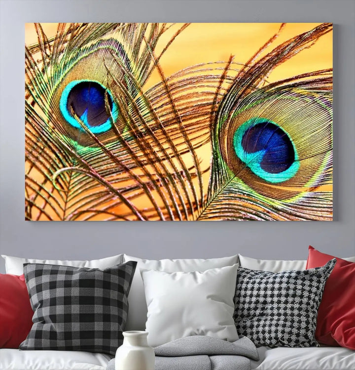 The Peacock Feather Wall Art Print, showcasing a vibrant green, blue, and orange feather design and ready to hang, adorns the space.