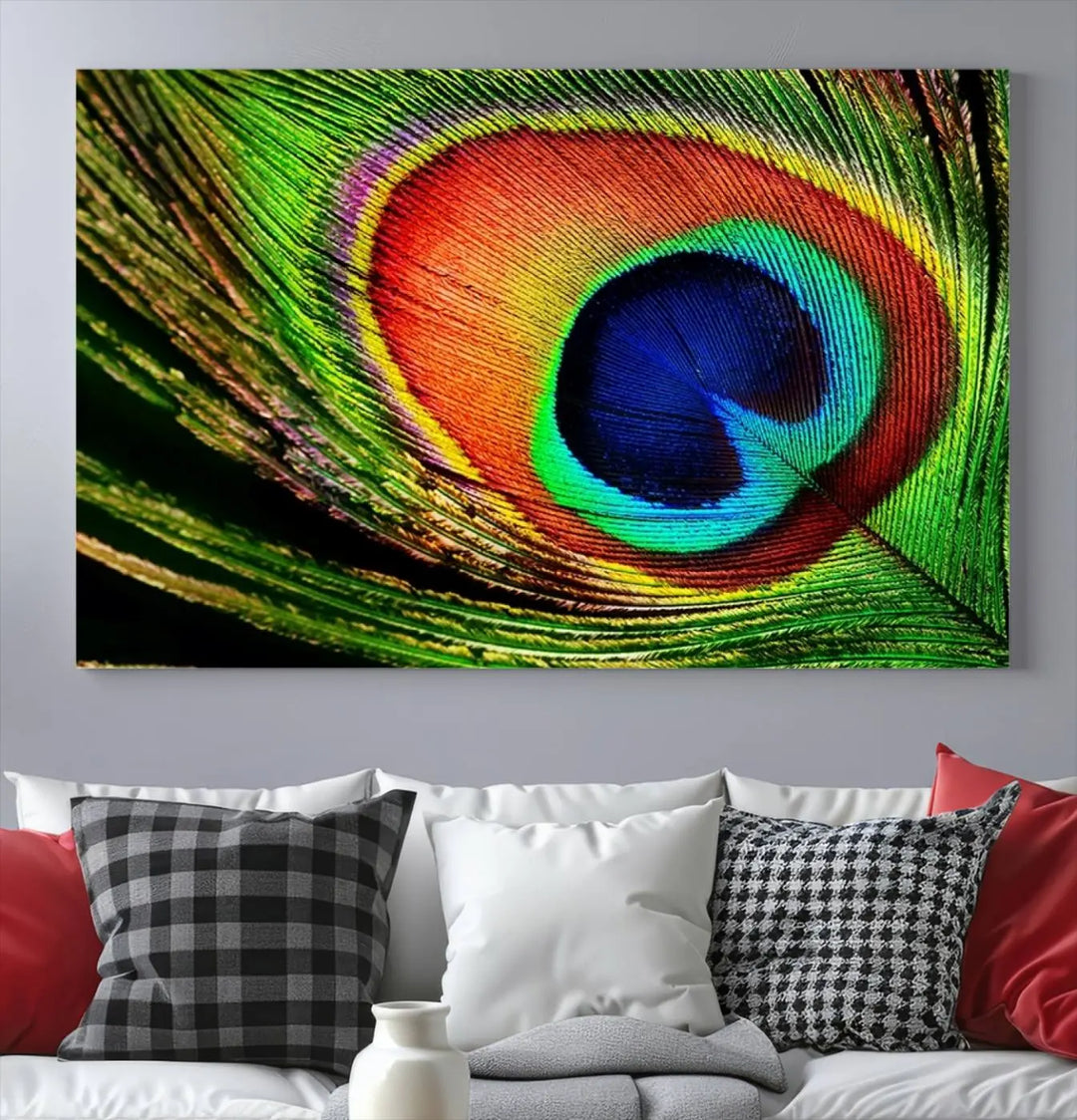 The living room features the "Colorful Peacock Feather Wall Art Print," showcasing a vibrant green, blue, and orange design elegantly displayed above a modern sofa.