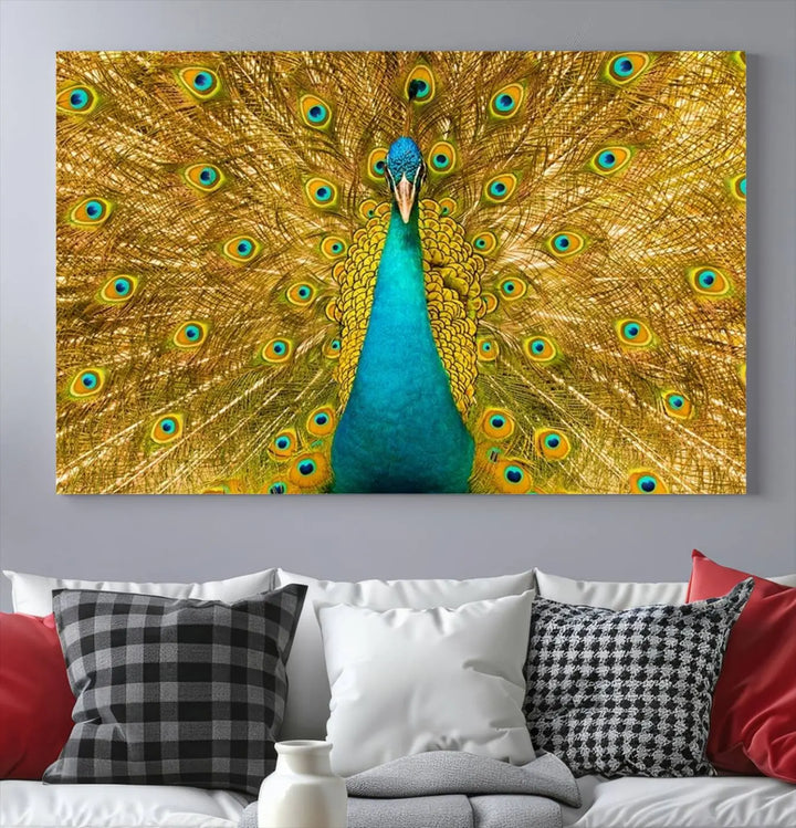 The Peacock Wall Art Canvas Print, featuring a vibrant triptych design of a peacock with intricate feather details and printed on museum-quality canvas with UV-protective coating, brings an artistic flair to the elegant space. Ready to hang, it enhances the modern living room with its striking presence.