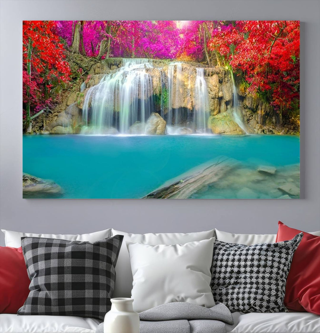 Wall Art Waterfall Landscape with Pink and Red Flowers in Forest Canvas Print