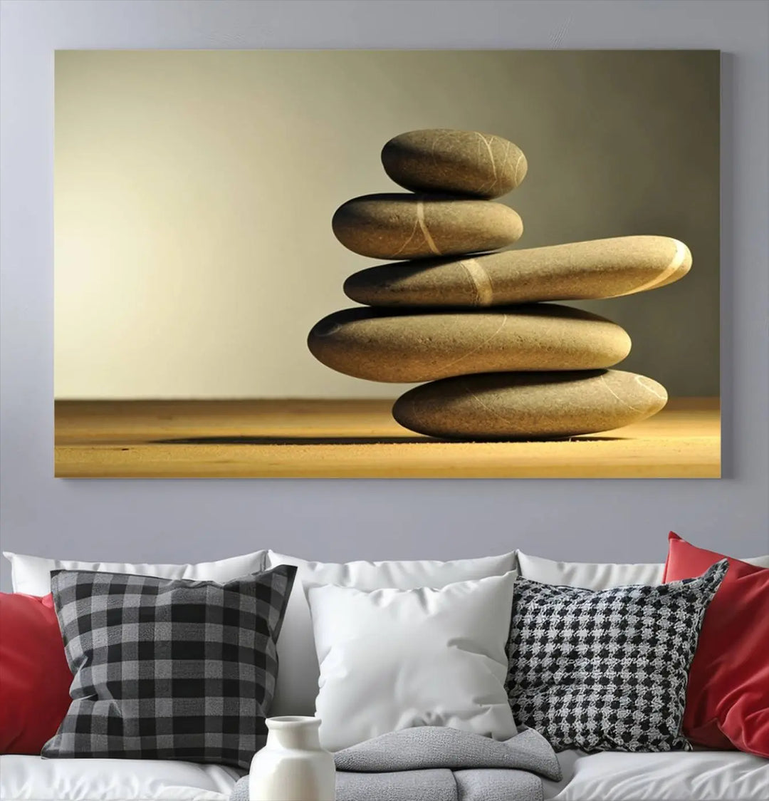 The "Yellow Zen Stones on Yellow Background Wall Art Yoga Zen Artwork," a professionally hand-assembled framed photo with UV-protective coating, is displayed on the wall.