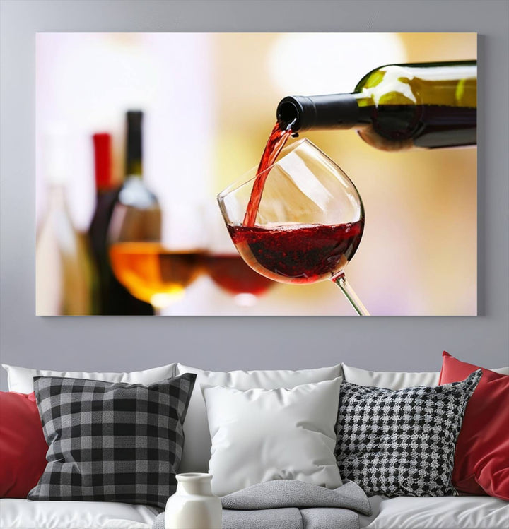 The Filling Red Wine into Glass Red Wine Canvas Print showcases a wine bottle pouring red wine into a glass. This scene, captured on museum-quality canvas, promises timeless elegance and comes with free shipping for effortless delivery to your doorstep.