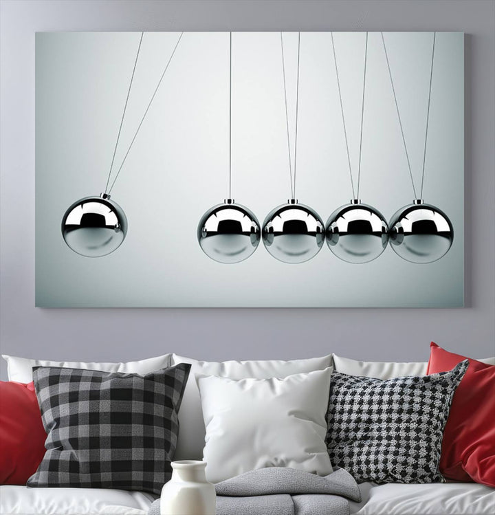 Newton's Cradle Motion Art, Modern Minimalist Metal Sphere Wall Art, Physics-Inspired Kinetic Energy Canvas Print for Office and Home Decor