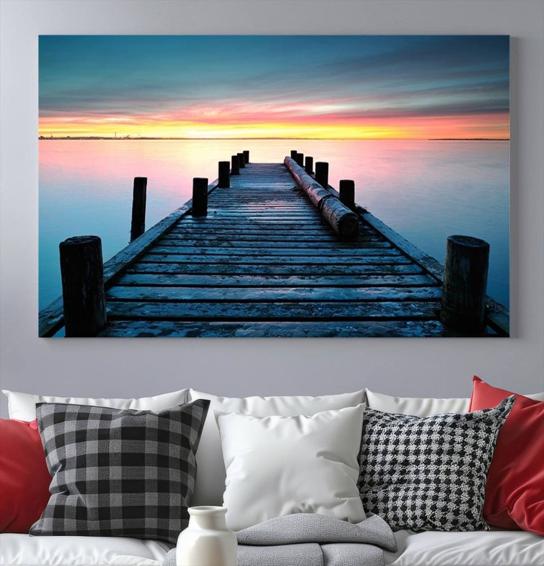 Wall Art Vintage Wooden Pier on Sea at Sunset Canvas Print