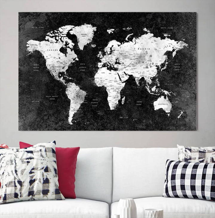 Modern Grayscale World Map 3-Panel Canvas Art | Ready to Hang, Framed | Stylish Minimalist Wall Décor for Home, Office, Living Room, or Study Spaces 