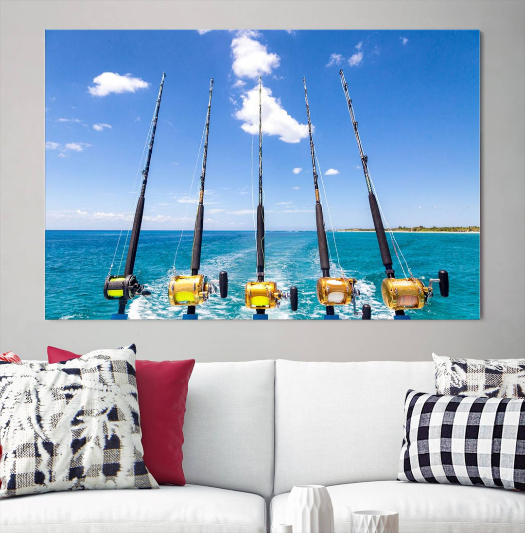 Fishing Roads on Boat Canvas Wall Art Print Ocean Seascape Art Print