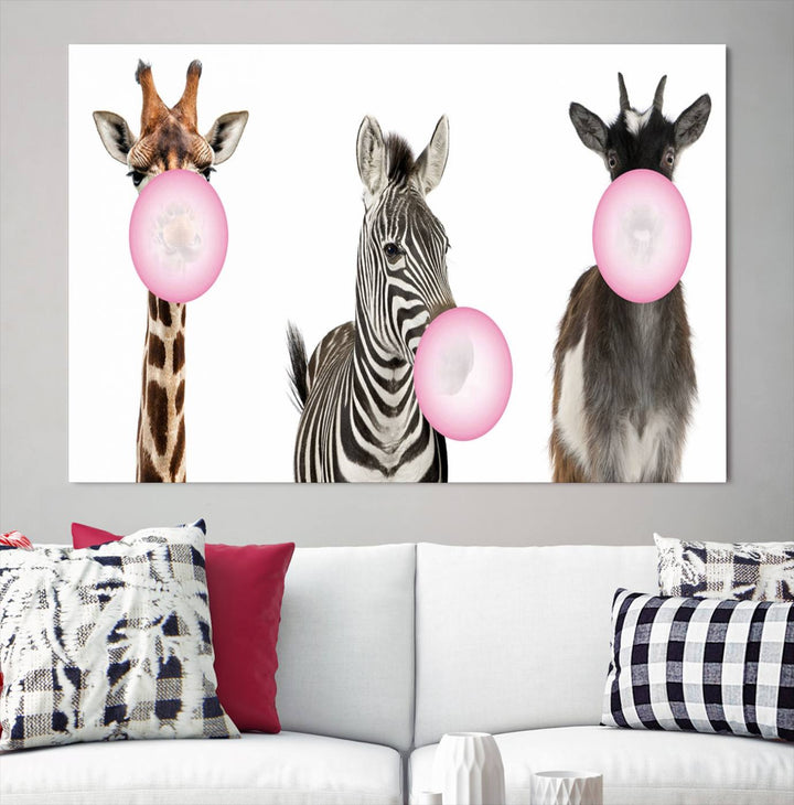 Animales divertidos, lienzo grande, arte de pared, cabra, cebra, jirafa, impresión en lienzo, animales lindos con globos para decoración de habitación de niños