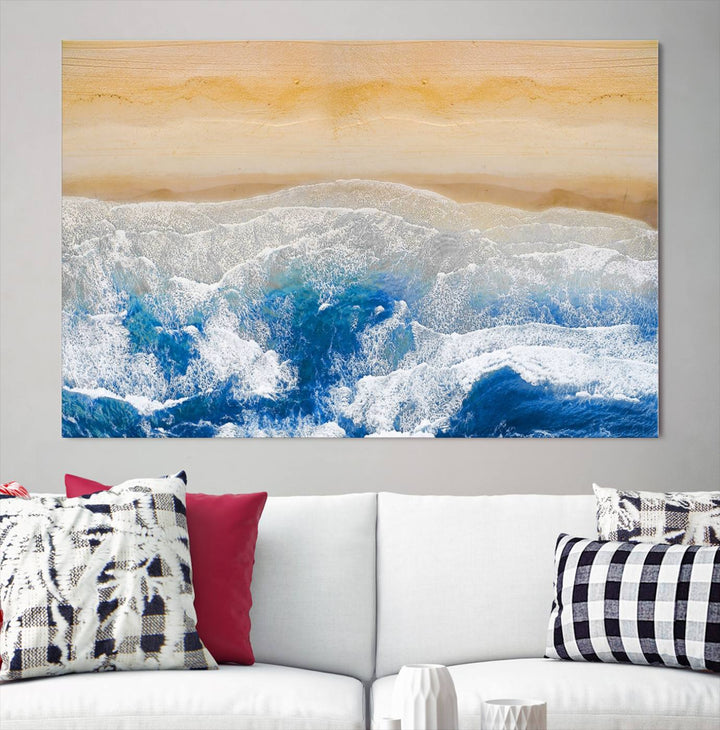 Maravilloso lienzo de playa aérea, impresión artística de pared, paisaje de playa, arte oceánico, pintura abstracta grande, lienzo original enmarcado listo para colgar obras de arte para sala de estar, cocina, dormitorio, decoración del hogar