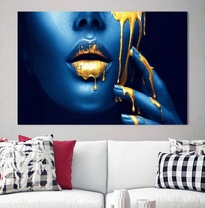 Neón Azul Oro Labios Sensual Fotografía Lienzo Pared Arte Impresión Moda Arte Belleza