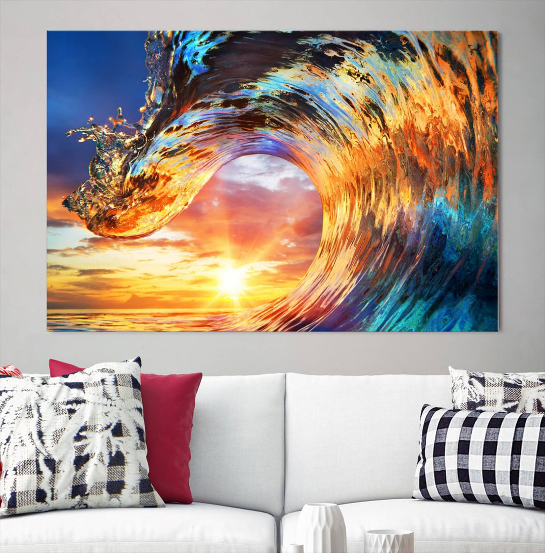 Lienzo decorativo para pared, diseño de olas, rizos, puesta de sol y océano