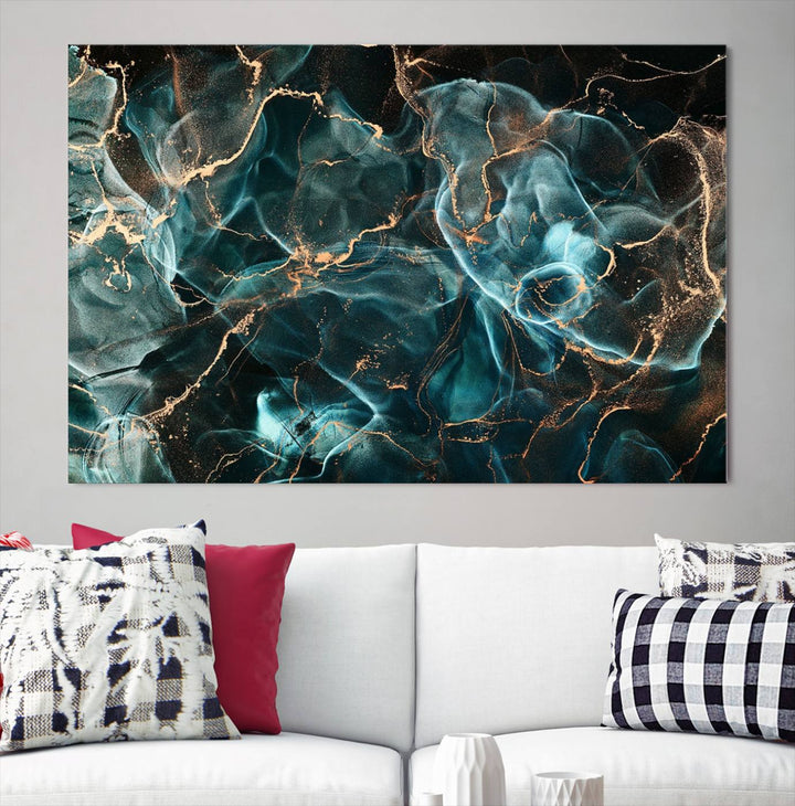 Neon Blue Marble Smokey Effect Wall Art Abstract Canvas Wall Art Print