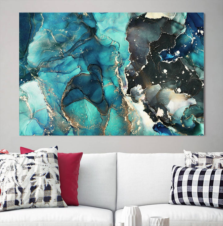 Stylish Teal Color Gold Abstract Canvas Wall Art Print