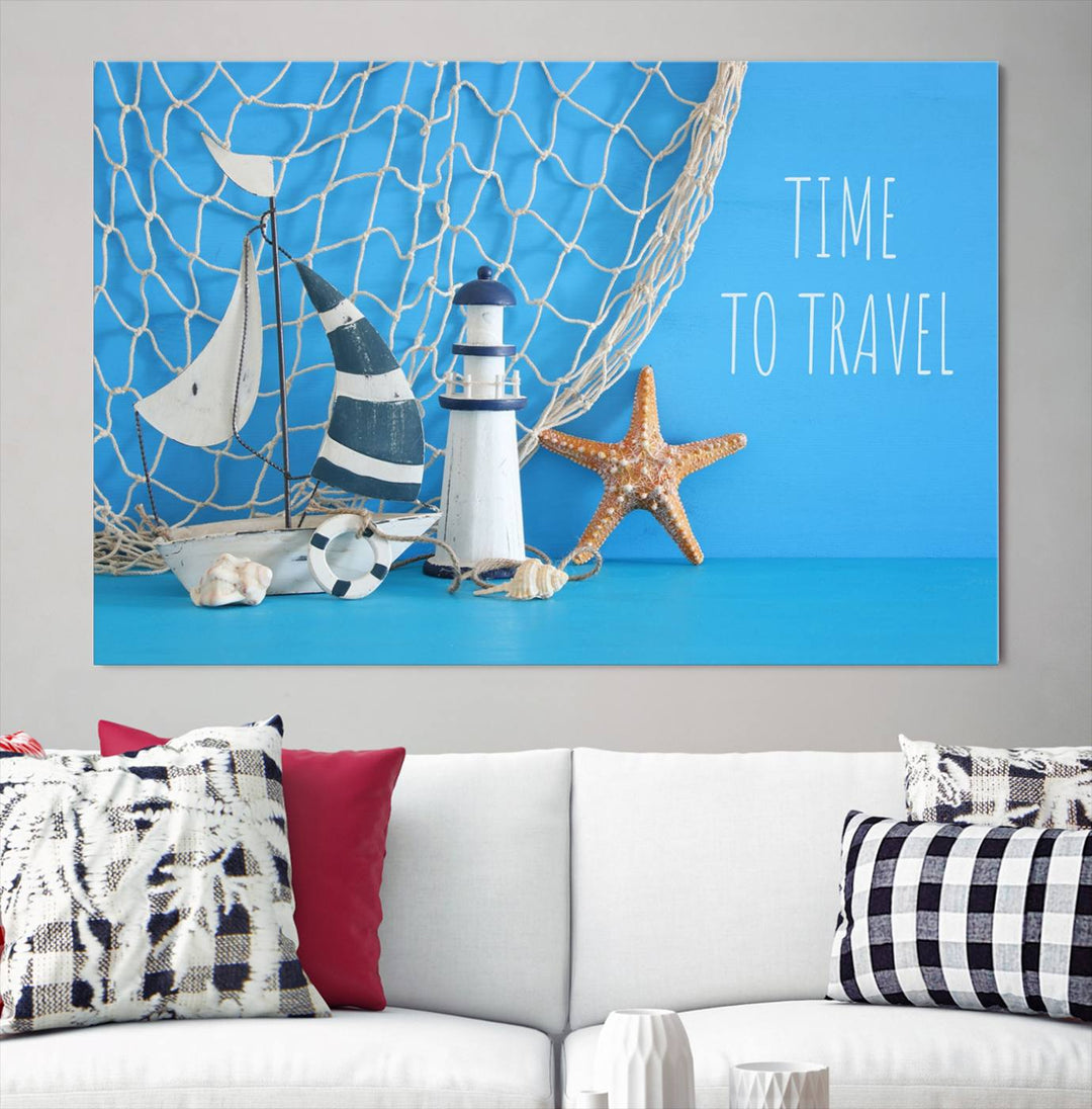 Sailing Boat Starfish and Lighthouse Wall Art Canvas Print