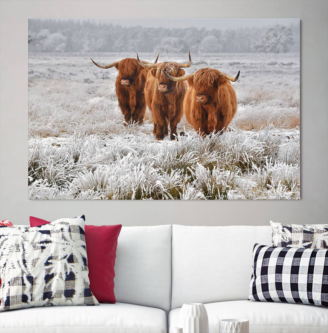 Vaches des Highlands dans la neige Art sur toile Highland Cattle Picture Art Farmhouse Art