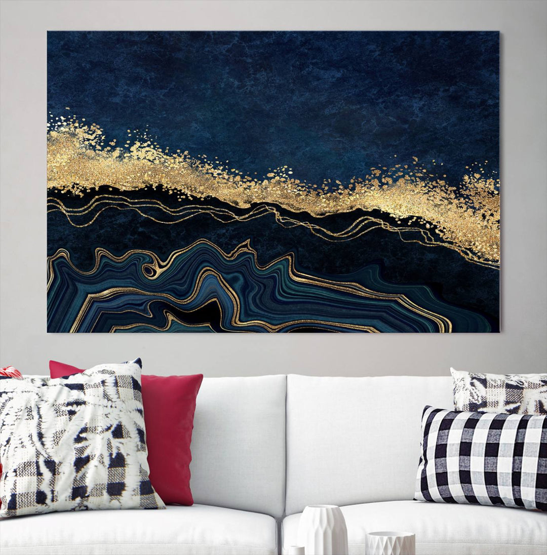 Navy Blue Marble Fluid Effect Large Wall Art Modern Abstract Canvas Wall Art Print