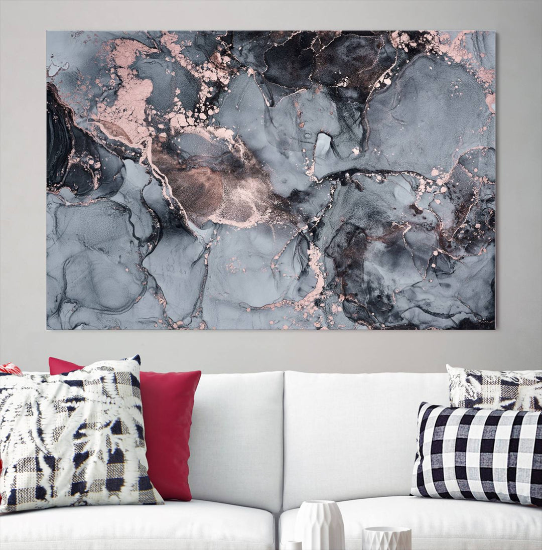 Impresión de arte de pared grande con efecto fluido de mármol gris y oro rosa, lienzo abstracto moderno