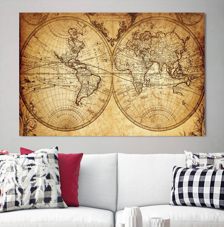 Vintage World Map Wall Art | 3-Panel Canvas Print for Living Room, Office, or Study | Giclee Canvas with Antique Design