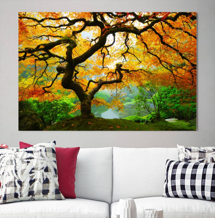 Portland Japanese Maple Tree Canvas Wall Art – Nature Landscape Print – Framed and Ready to Hang for Living Room or Office Decor