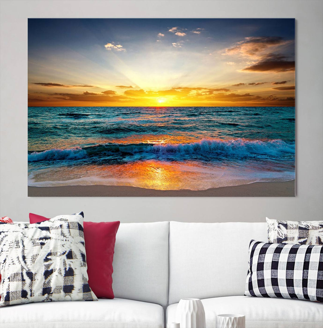 Vibrant Ocean Sunrise Over Golden Beach Waves, Giclee Canvas Wall Art Set, High-Quality Stretched Canvas Print, Ready to Hang Coastal Sunset Wall