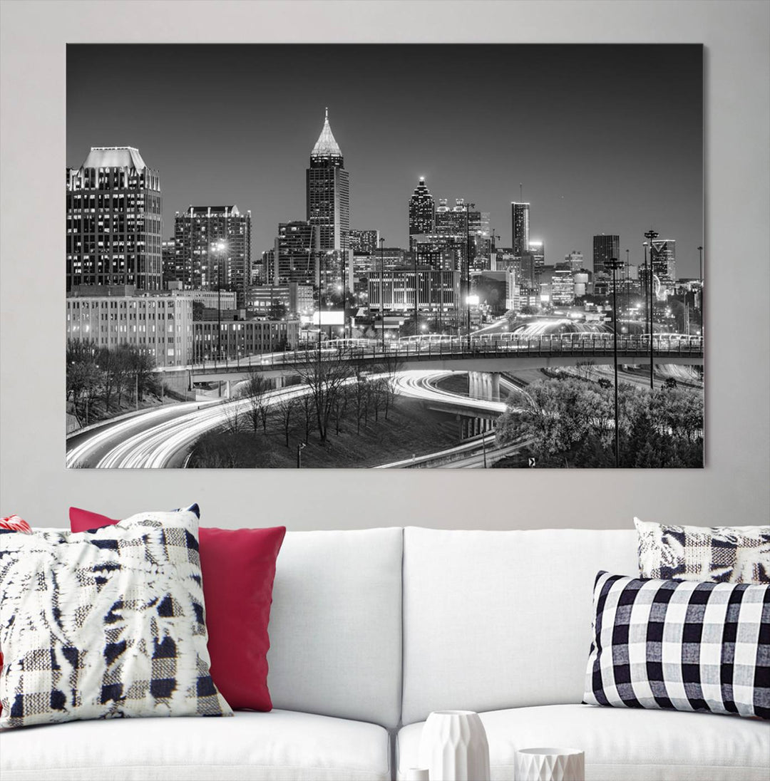 Atlanta City Lights Skyline Art mural noir et blanc Paysage urbain Impression sur toile