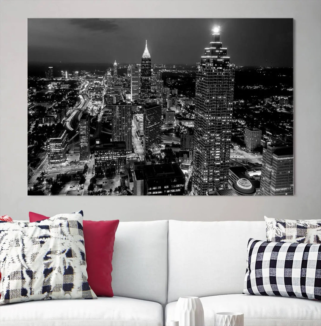 The Atlanta City Lights Skyline Black and White Wall Art Cityscape Canvas Print is elegantly displayed on the wall. These museum-quality canvases arrive ready to hang, making your art display both effortless and sophisticated.