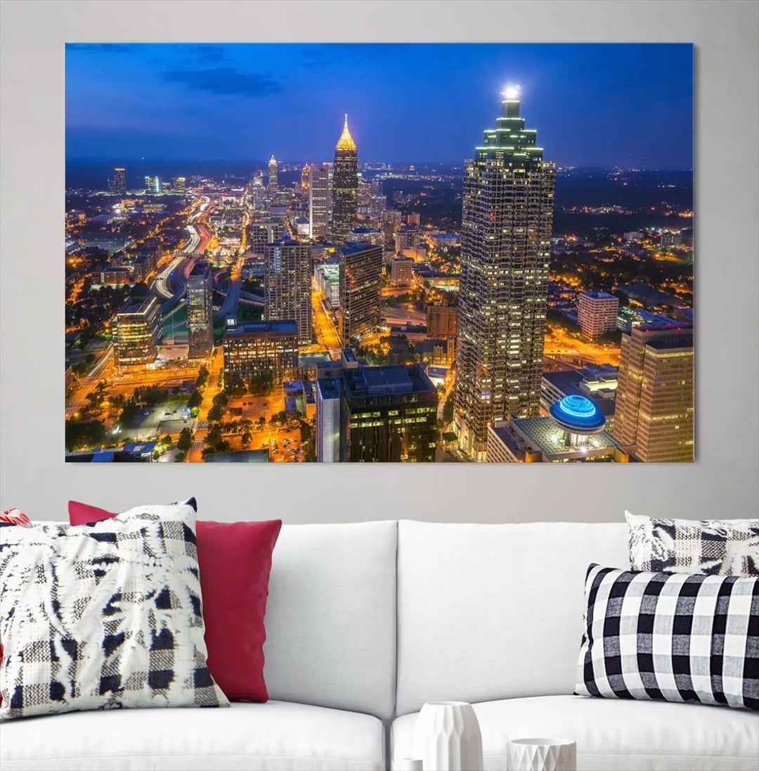 An elegant Atlanta City Blue Skyline Cityscape View Wall Art Canvas Print graces the wall, offering a sophisticated addition to your living space. Enjoy free shipping on this stylish piece.