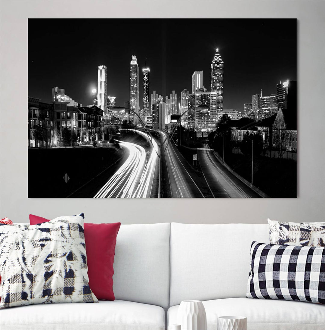 Atlanta City Lights Skyline Art mural noir et blanc Paysage urbain Impression sur toile