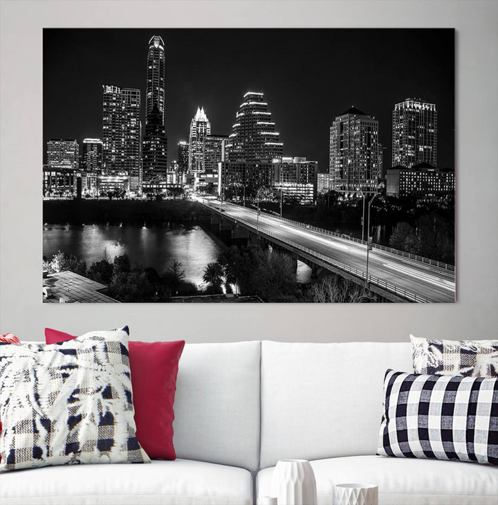 Austin City Lights Skyline Art mural noir et blanc Paysage urbain Impression sur toile