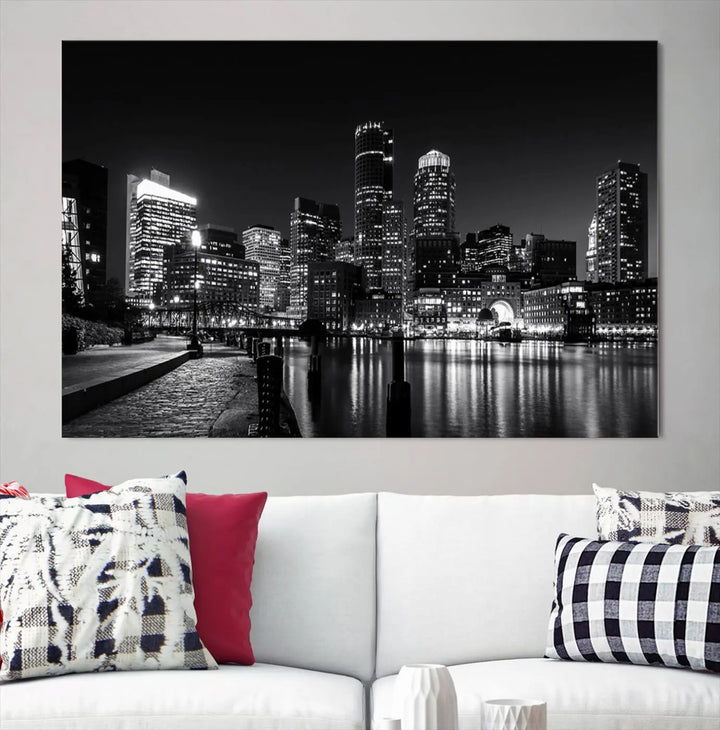 The living room showcases the Boston City Lights Skyline Black and White Wall Art Canvas Print.