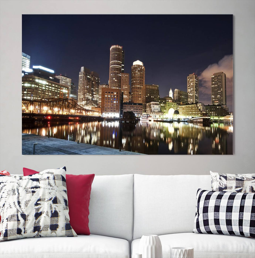 The Boston City Lights Skyline Cityscape View Wall Art Canvas Print showcases a nighttime cityscape on museum-quality canvas.