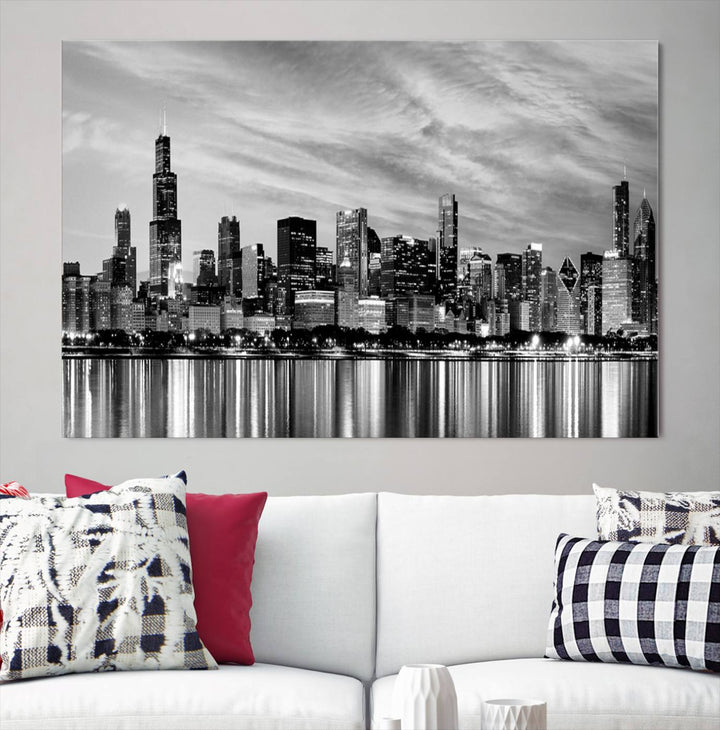 Chicago City Cloudy Skyline Black and White Wall Art Cityscape Canvas Print