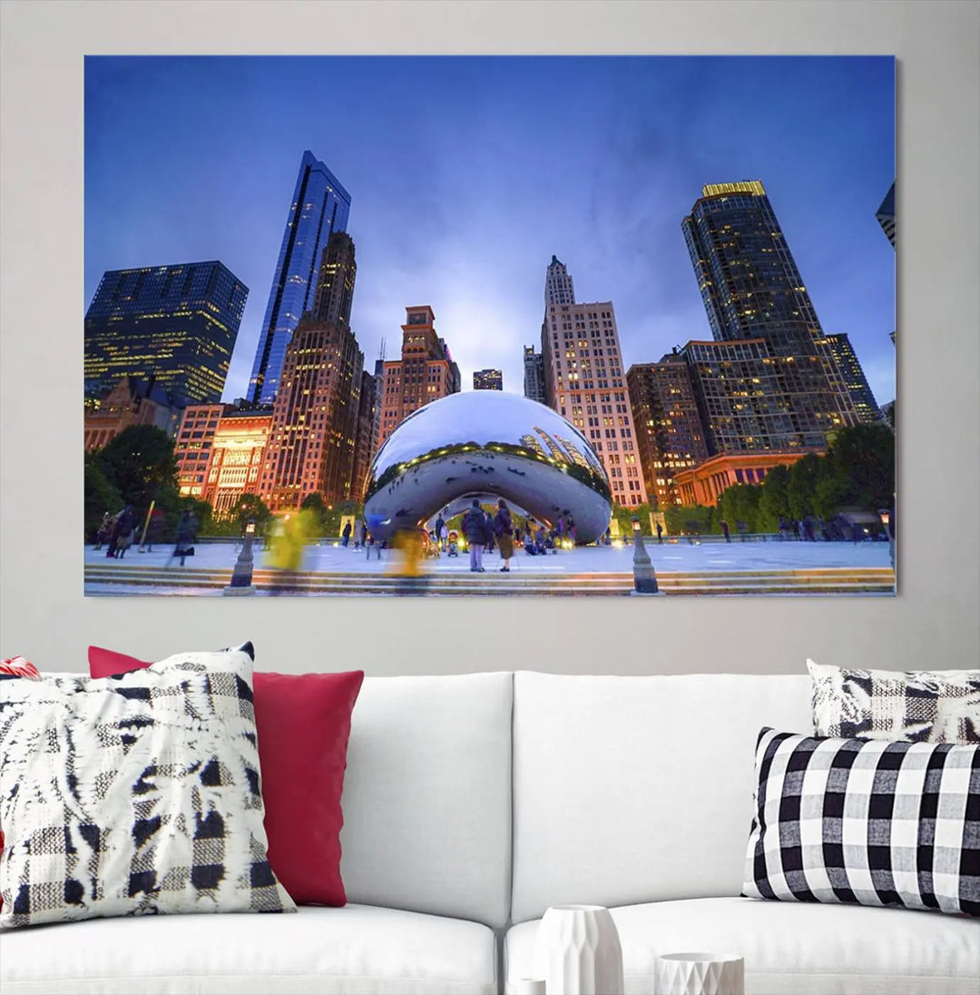 The Chicago Night Skyline Wall Art City Cityscape Canvas Picture Print, featuring the Bean sculpture, beautifully adorns the wall with its captivating depiction of the city's iconic scenery.