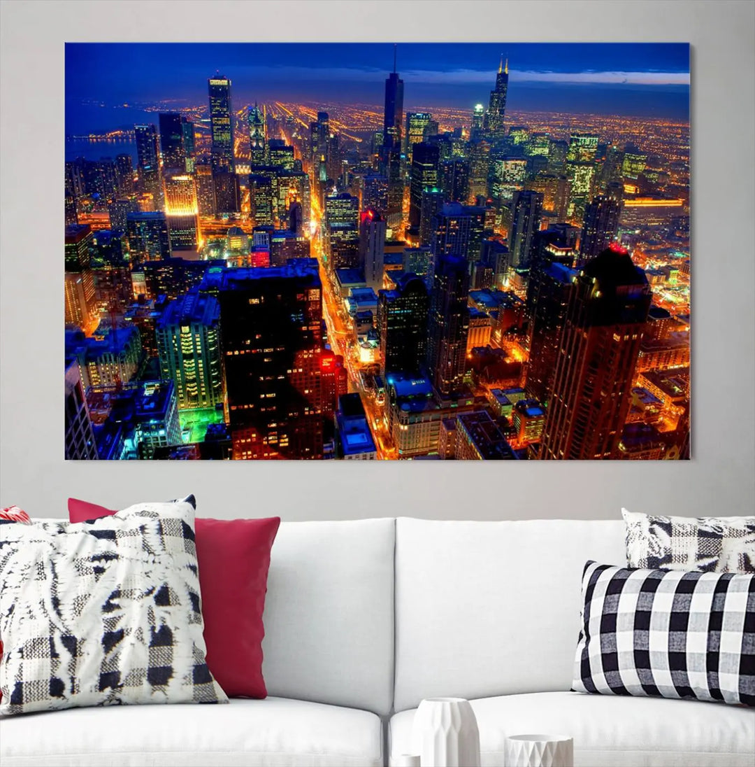 The "Chicago Night Skyline Wall Art" on museum-quality canvas adds long-lasting appeal to the living room.