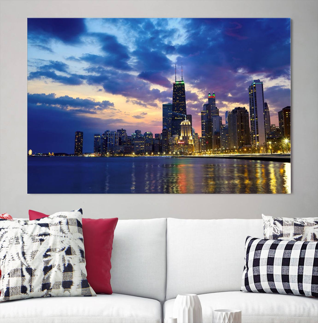 Chicago City Lights Night Cloudy Blue Skyline Cityscape View Wall Art Canvas Print