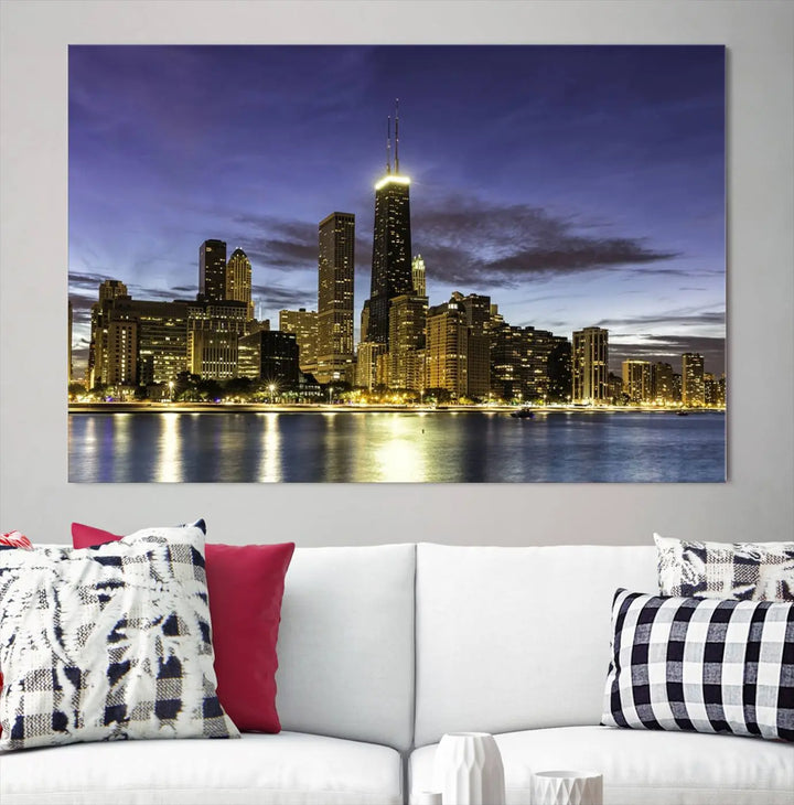 Chicago Night Skyline Cityscape Canvas Picture Print is a stunning three-panel wall art piece, perfect for adding sophistication to any setting. Crafted by professional artisans, this artwork features museum-quality canvases designed to enhance your space. Enjoy free shipping with your purchase.