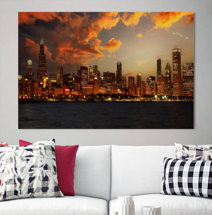 Chicago City Lights Coucher de soleil Orange Nuageux Skyline Paysage urbain Vue Art mural Impression sur toile