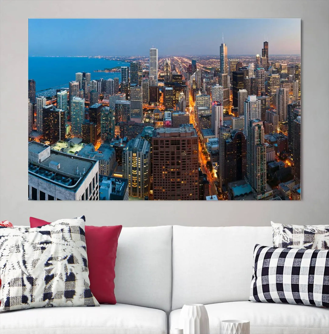 Product Name: Chicago Night Skyline Wall Art City Cityscape

Artwork Description: This artwork is a triptych depicting the Chicago city skyline at night. Created on museum-quality canvas with a UV-protective coating, it comes ready to hang and seamlessly enhances any space.