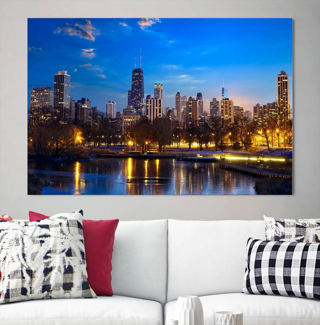 A triptych photo titled "Chicago City Lights Night Blue Skyline Cityscape View Wall Art Canvas Print" is elegantly displayed on gallery-wrapped, museum-quality canvases.