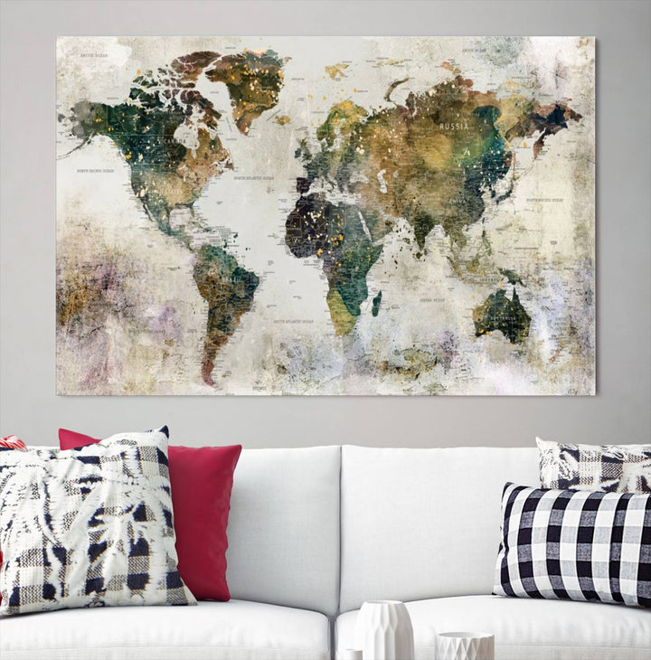 Carte du monde, impression d'art mural, carte sur toile, ensemble mural de 3 panneaux, cadeau, carte de voyage