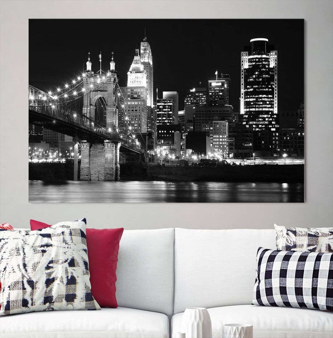 The Cincinnati City Skyline Black and White Wall Art Cityscape Canvas Print is prominently displayed.