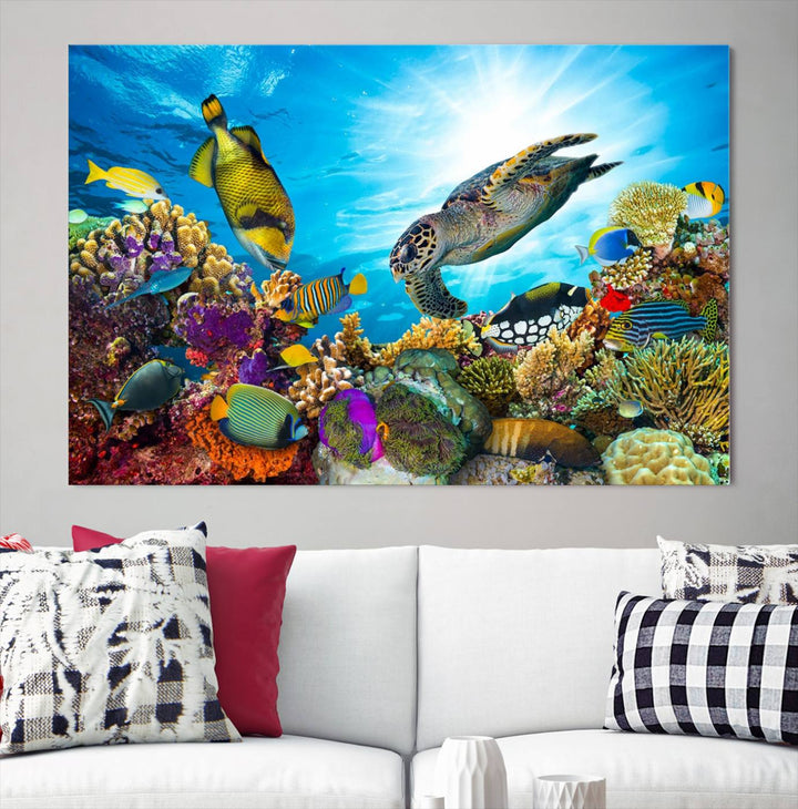 The Aquatic Life Sea Turtles Fish Wall Art Canvas Print is a triptych of vibrant underwater scenes featuring a sea turtle, various fish, and colorful coral. Crafted on museum-quality canvas, this handcrafted masterpiece brings the ocean to life in any space.