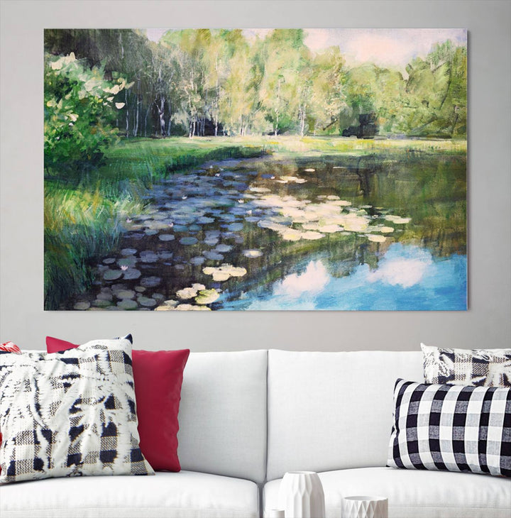 The "Forest Pond River Lake Wall Art Canvas Print" showcases a serene lakeside landscape with trees and water lilies. Crafted on museum-quality canvases and enhanced with UV-protective coating, this piece serves as an elegant addition to any space.